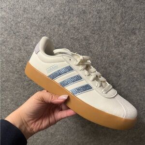 Adidas VL Court White/Halo Blue/Gum w/rhinestones on the stripes